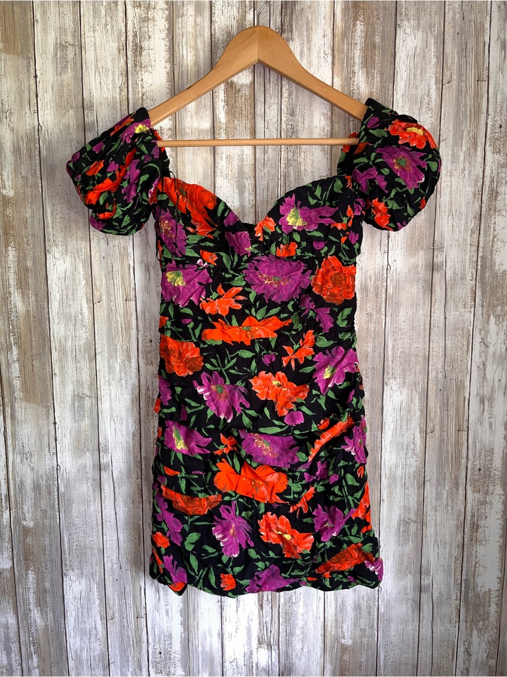 Zara Floral Puff Sleeve Mini Dress Sweetheart Neck Ruched Bodycon Size S - Picture 2 of 8